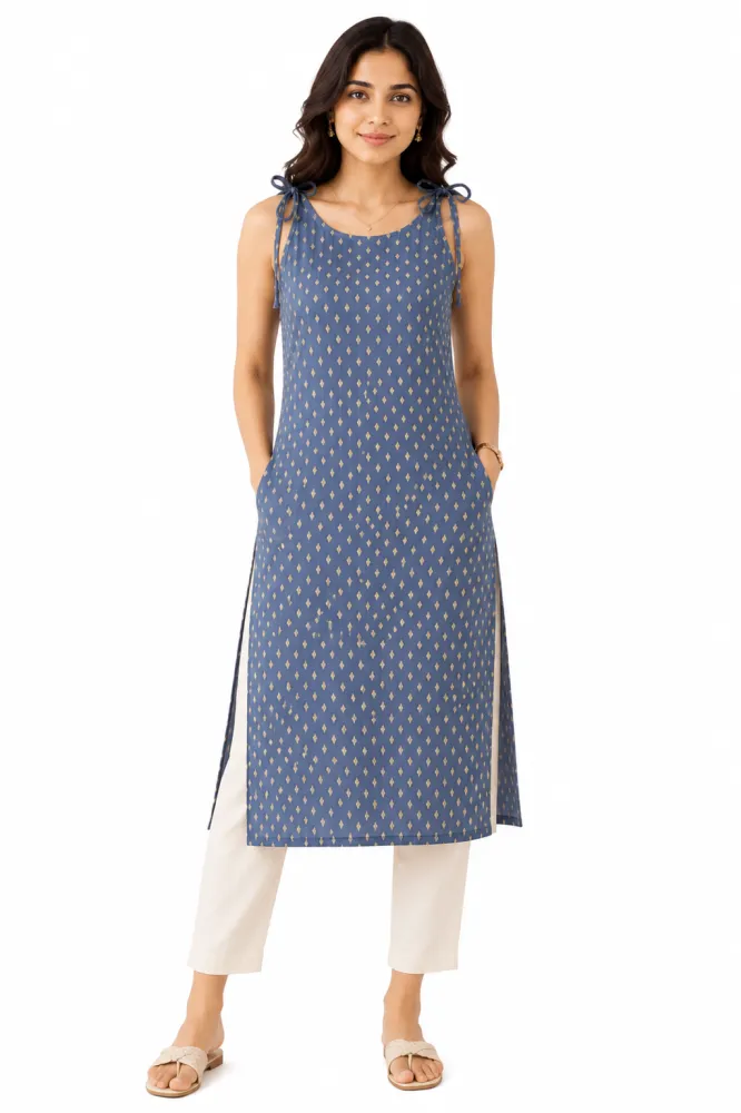 Women's Rayon Long Single Top with Side Pockets | Blue Printed Straight Fit
