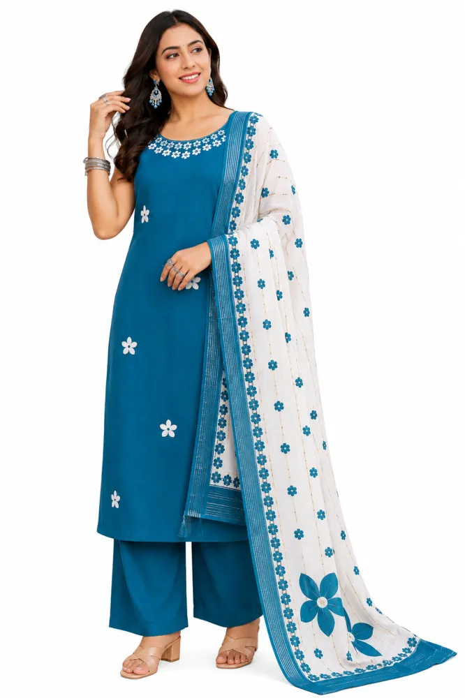 Women's Blue Roman Silk 3 Piece Kurti Set with Printed Dupatta