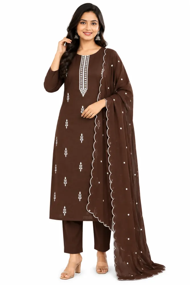 Women's Brown Roman Silk Embroidered Kurta Pant Dupatta Set