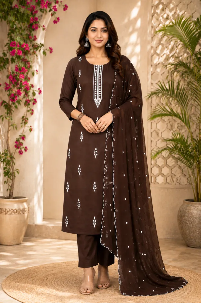 Women's Brown Roman Silk Embroidered Kurta Pant Dupatta Set