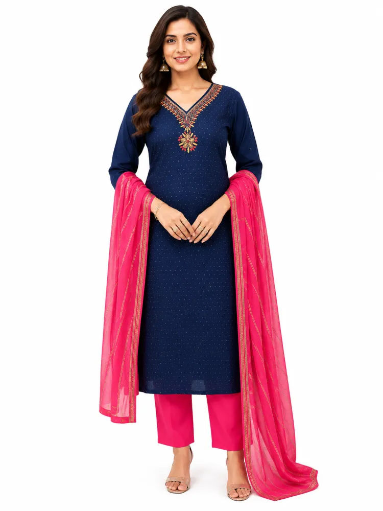 Embroidered Navy Blue Kurta Pant Dupatta Set for Women | 3 Piece Ethnic Wear