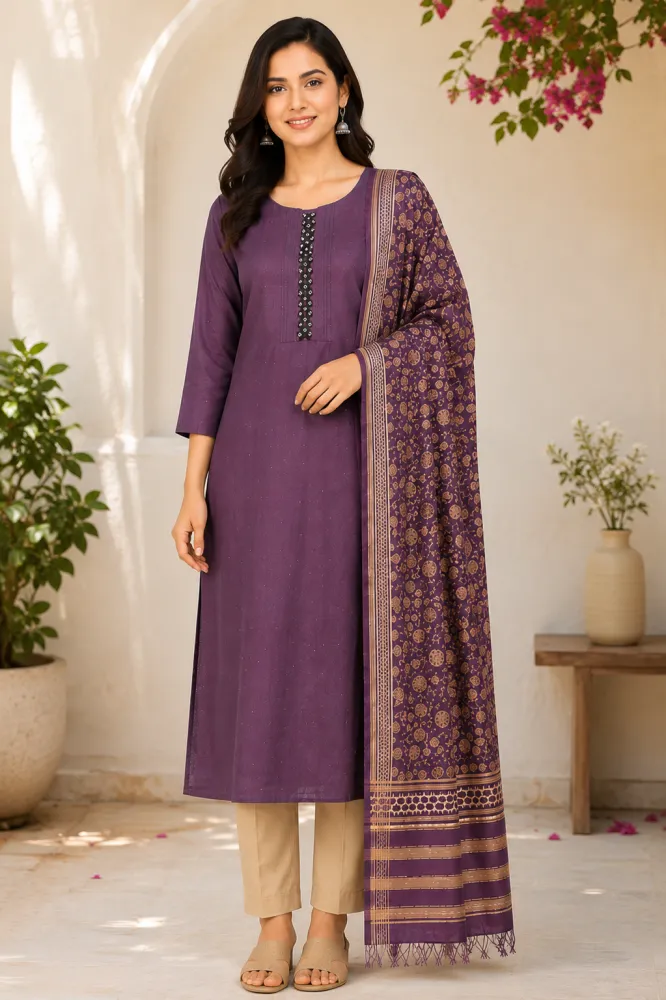 Glass Tissue Kurta Pant Dupatta Set for Women | 3 Piece | Purple | M–XXL