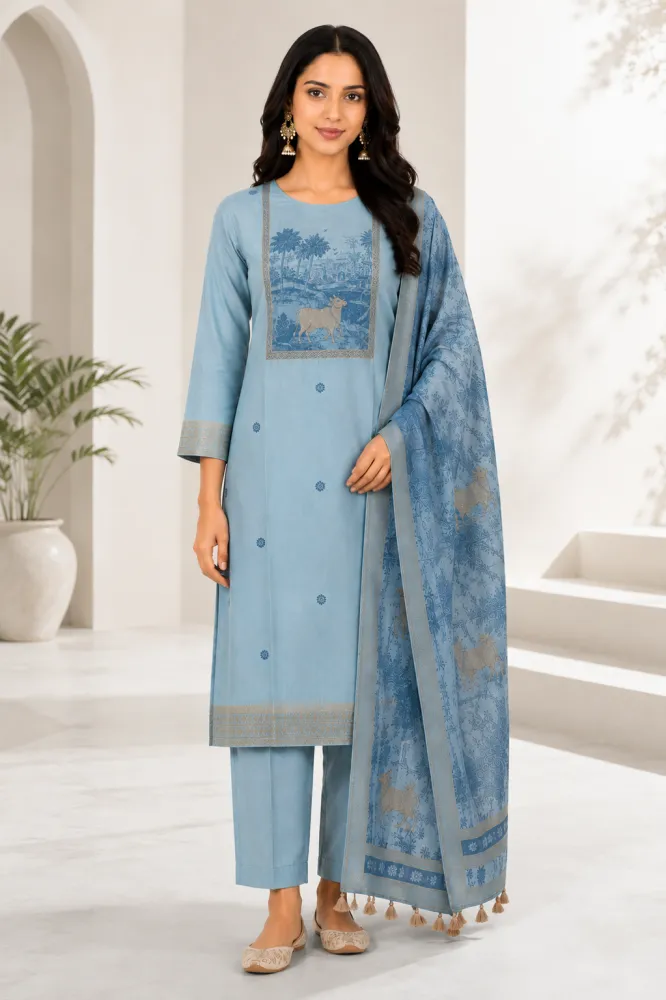 Blue Jamdani Kurta Pant Set with Printed Dupatta for Women