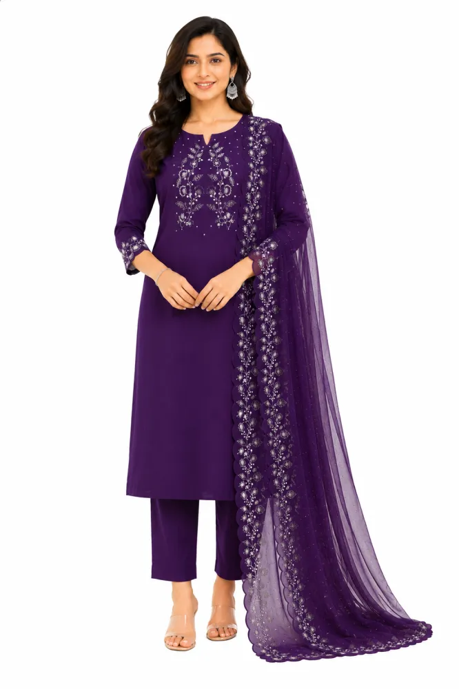 Purple Mal Chanderi Embroidered Kurta Pant Dupatta Set