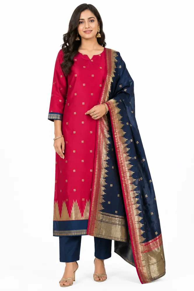 Pattu Silk Kurta Pant Dupatta Set Pink Navy M-XXL Women