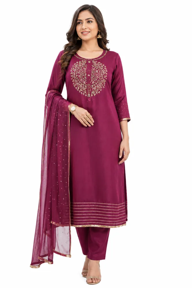 Wine Chinnon Embroidered Kurta Pant Dupatta Set for Women | 3 Piece Ethnic Set