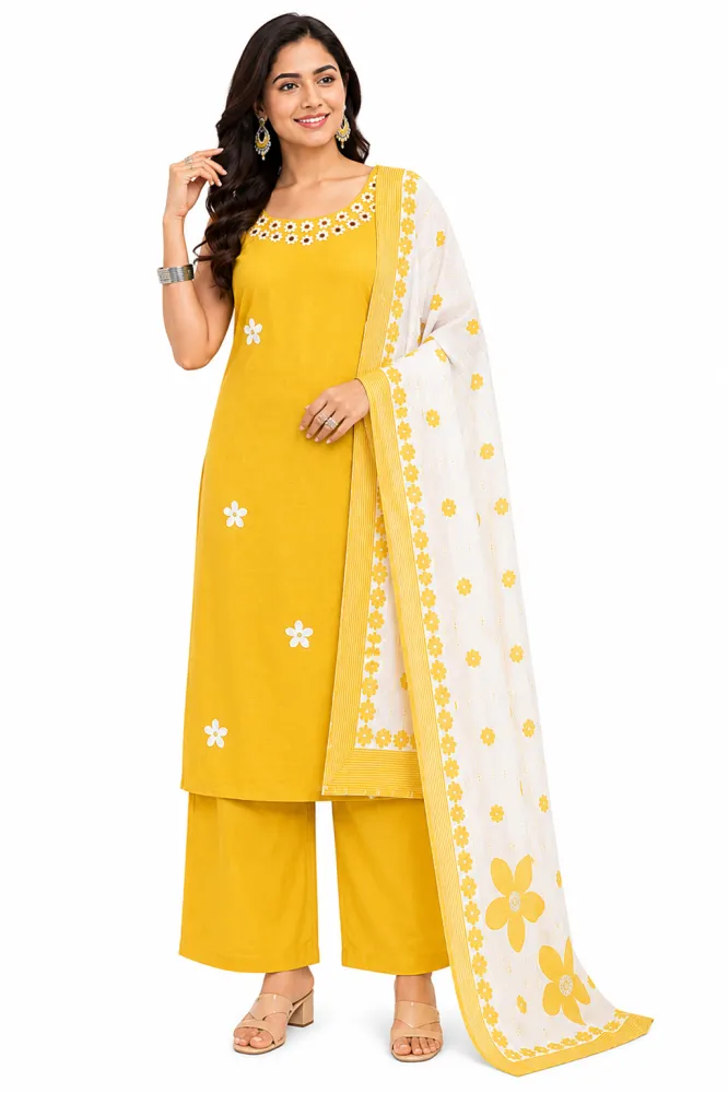 Yellow Roman Silk Embroidered Kurta Pant Dupatta Set for Women