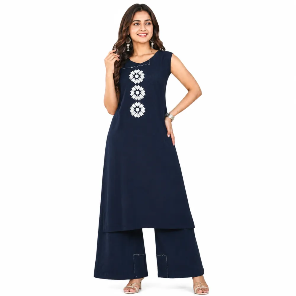 Navy Blue Vatican Fabric Floral Printed Kurta Palazzo Set for Women