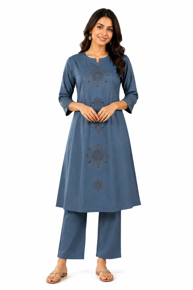 Blue Cotton Printed Kurta Pant Co-Ord Set for Women