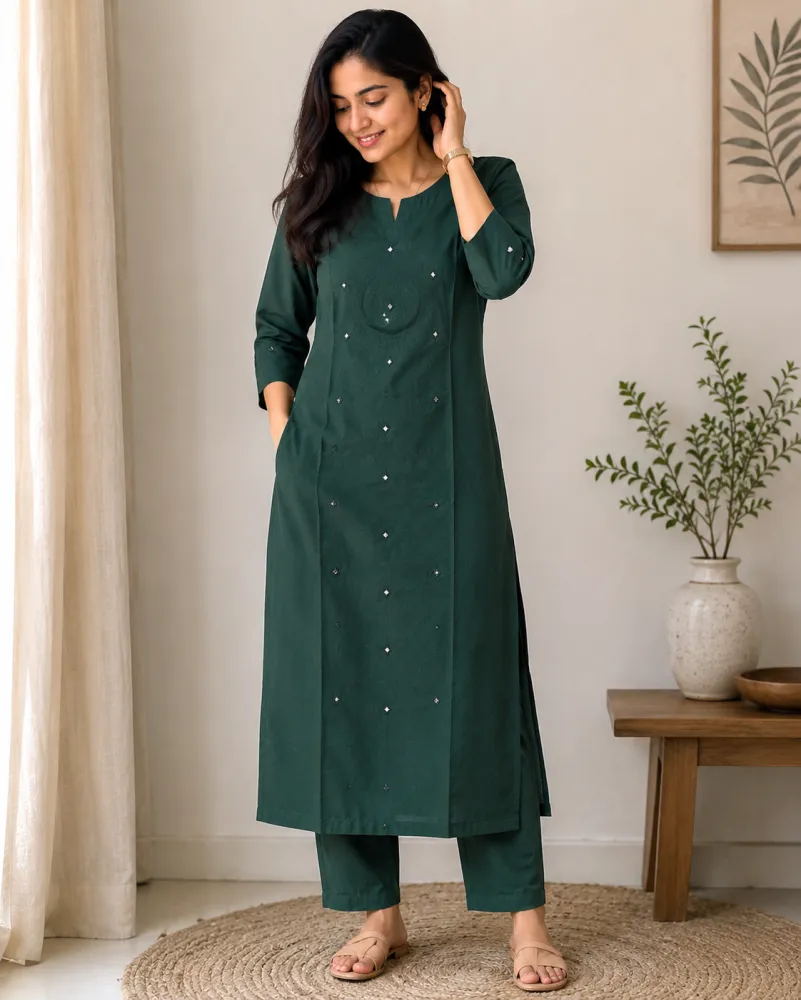Cotton Printed Green Kurta Pant Co-Ord Set for Women