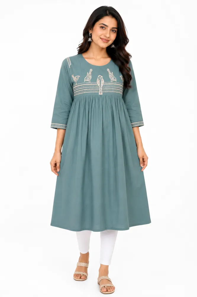 Women's Teal Green Rayon Feeding Top with Bird Embroidery | Maternity Nursing Kurti