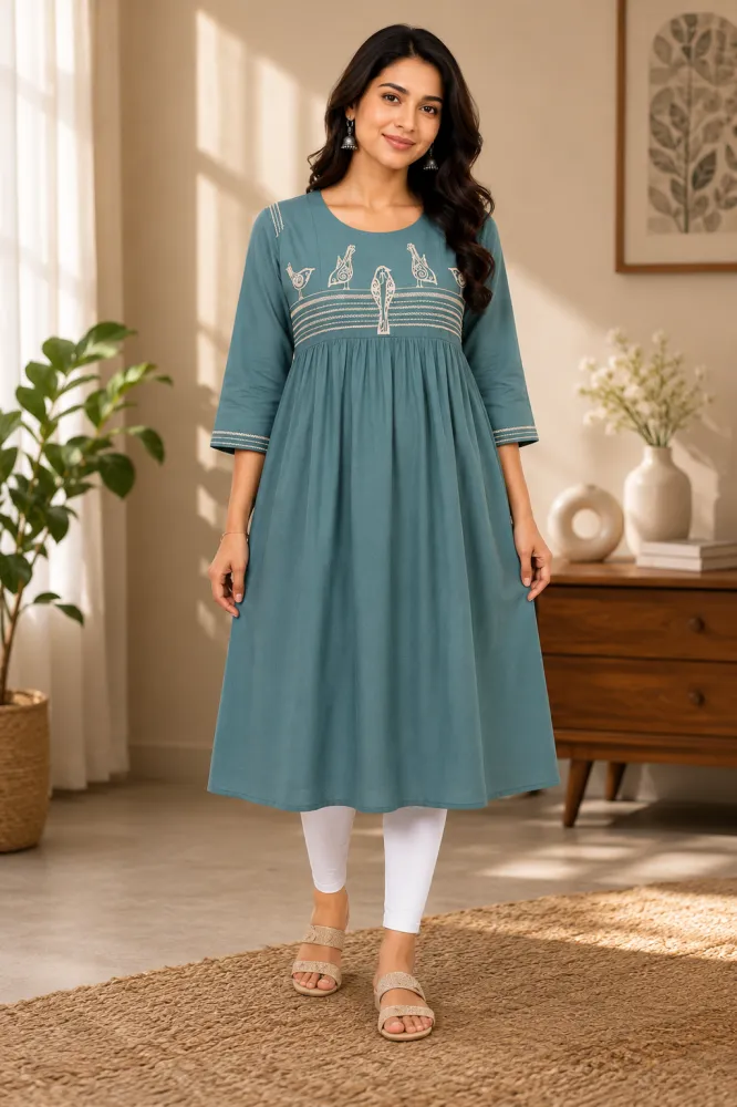 Women's Teal Green Rayon Feeding Top with Bird Embroidery | Maternity Nursing Kurti