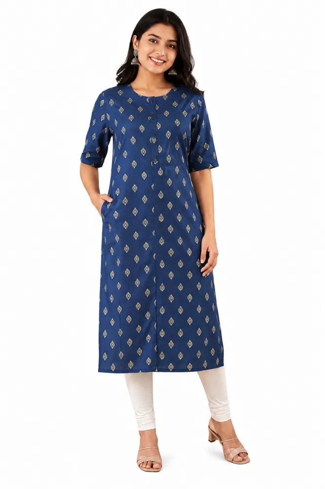 Women's Navy Blue Rayon Straight Kurti with Printed Design & Pocket | Casual Daily Wear