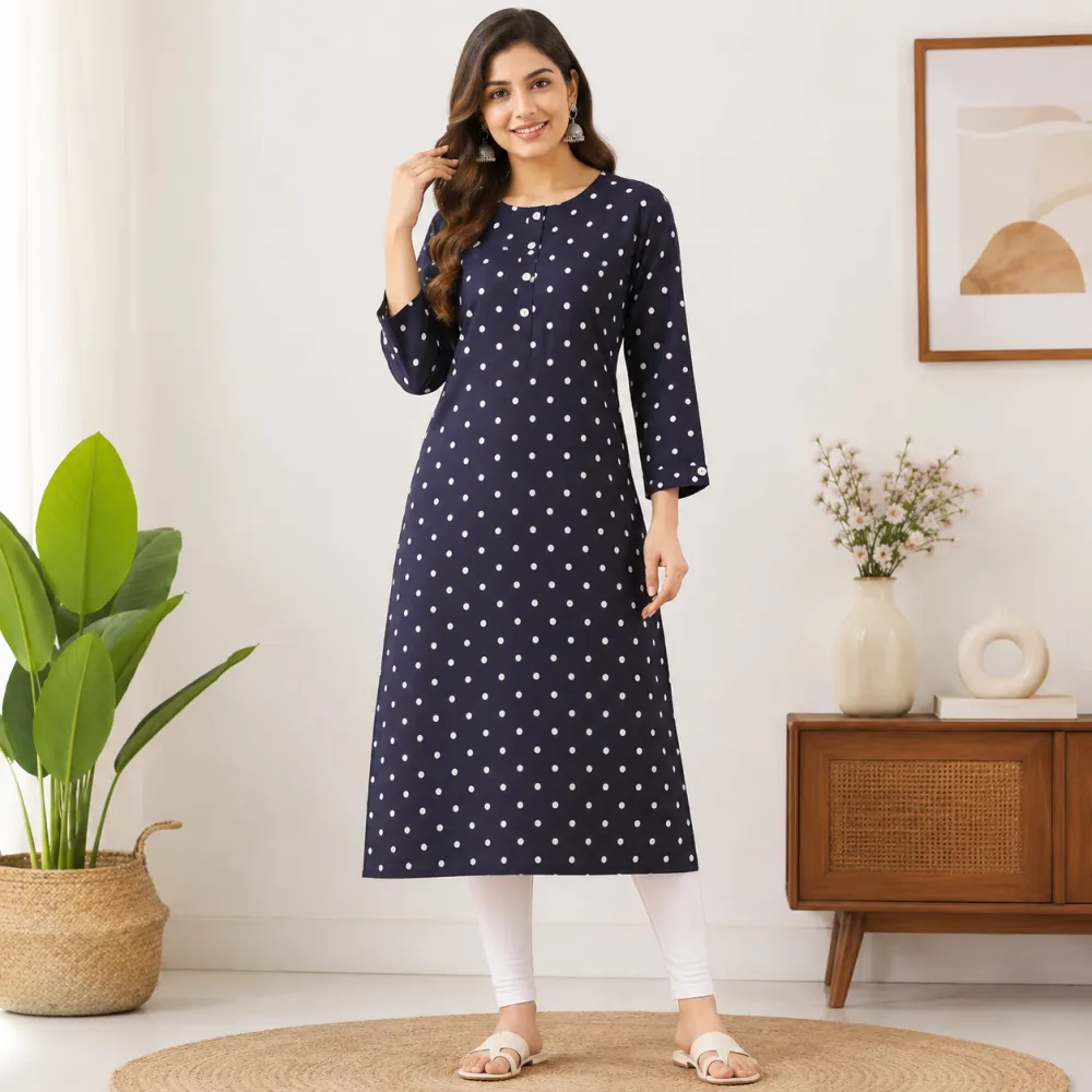Women's Navy Blue Polka Dot Rayon Straight Kurti with Pocket | Casual Daily Wear