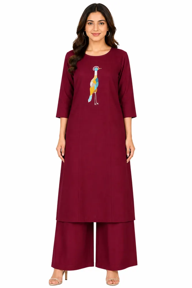 Maroon Dabu Cotton Kurta Palazzo Co-Ord Set for Women