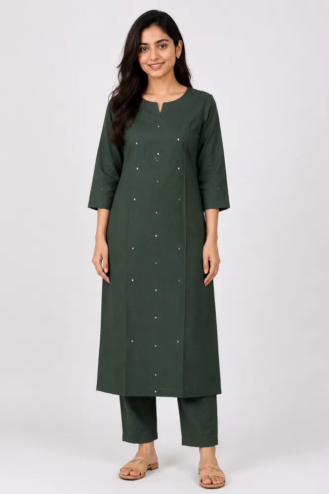 Cotton Printed Green Kurta Pant Co-Ord Set for Women