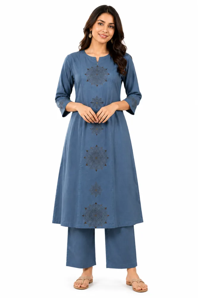 Blue Cotton Printed Kurta Pant Co-Ord Set for Women