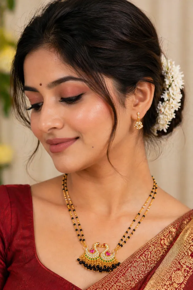 Black Beads Double Chain Mangalsutra with Peacock Pendant | Gold Plated Traditional Necklace for Women