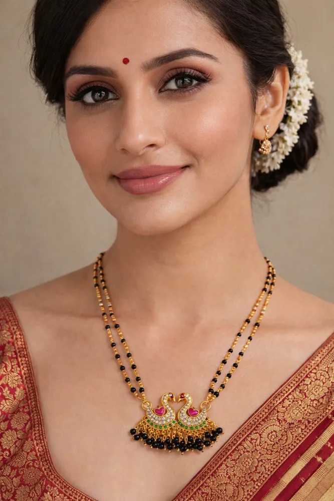 Black Beads Double Chain Mangalsutra with Peacock Pendant | Gold Plated Traditional Necklace for Women