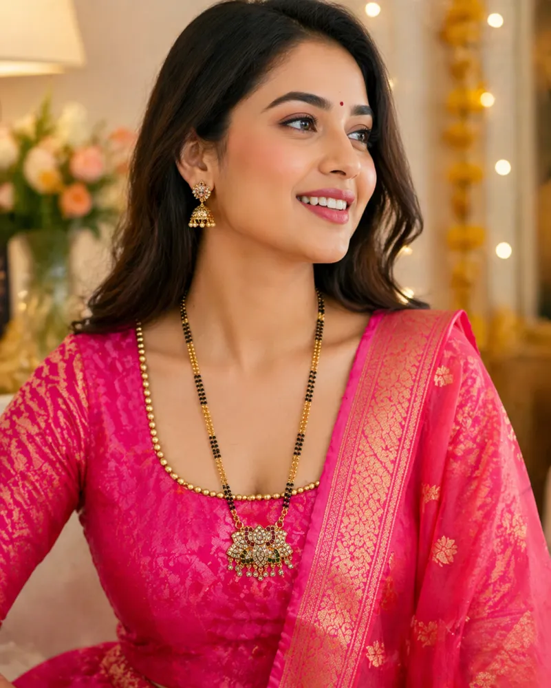 Long Double Line Gold Plated Black Beads Mangalsutra with CZ Floral Pendant for Women