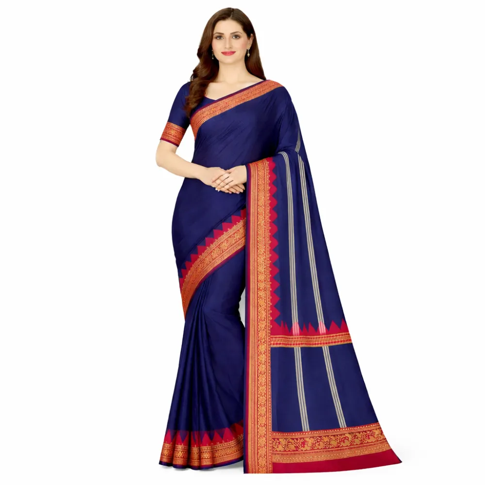 Pure Handloom Gadwal Cotton Saree – Classic Navy Blue with Rich Red & Gold Zari Border