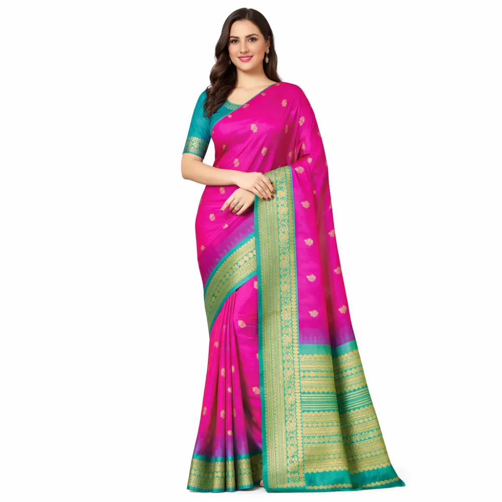 Gadwal Sico Pink Silk Saree with Teal Green & Gold Zari Border