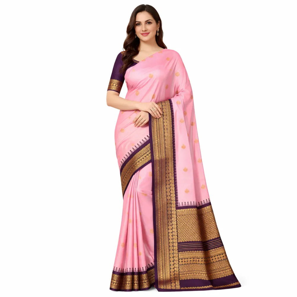 Pastel Pink Gadwal Sico Silk Saree with Purple & Gold Zari Border