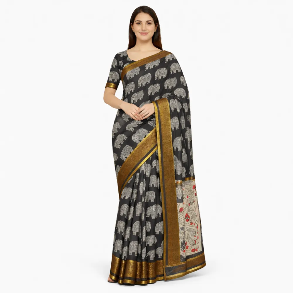 Pure Handloom Chennuri Kalamkari Silk Saree with Nizam Border – Charcoal Black Elephant Motif