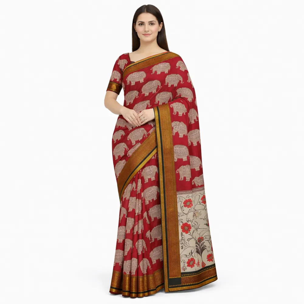 Pure Handloom Chennuri Kalamkari Nizam Silk Saree – Royal Red with Elephant Motifs
