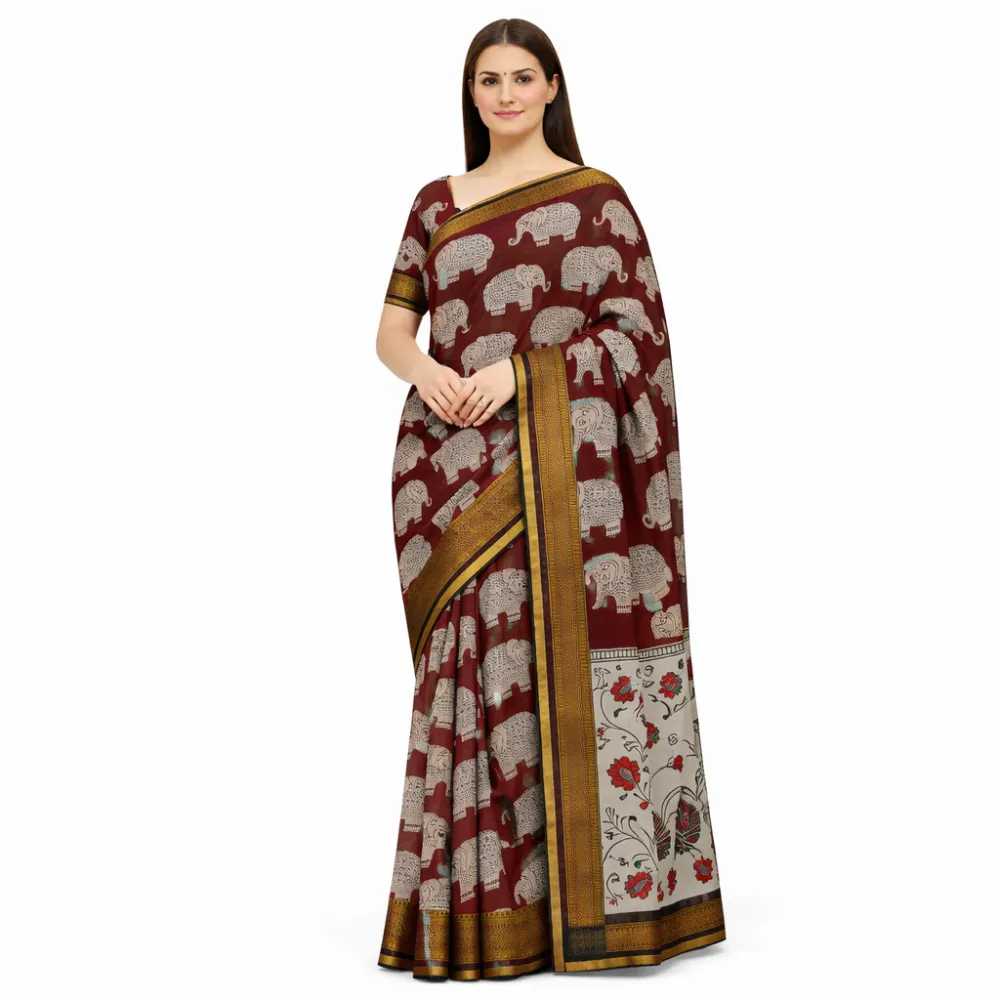 Pure Handloom Chennuri Kalamkari Nizam Silk Saree – Chocolate Brown with Elephant Motifs