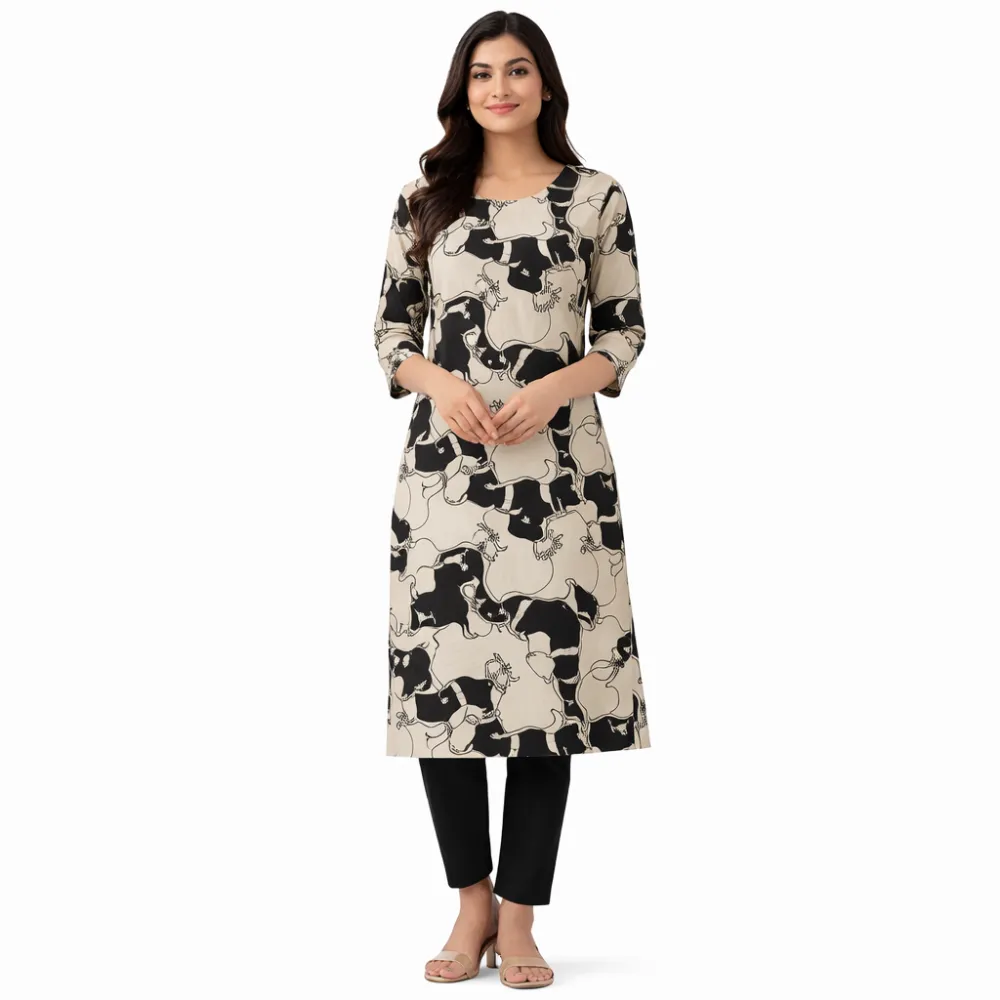 Beige & Black Cow Print Cotton Kurti for Women | 3/4 Sleeves