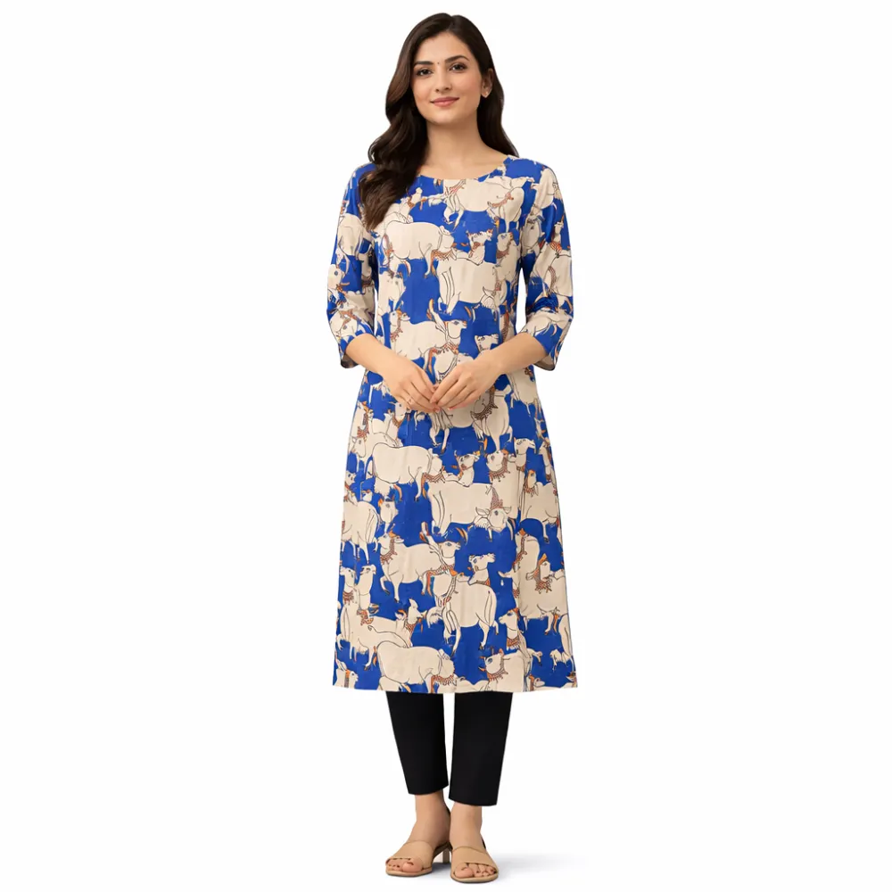 Blue & Beige Cow Print Cotton Kurti for Women | 3/4 Sleeves