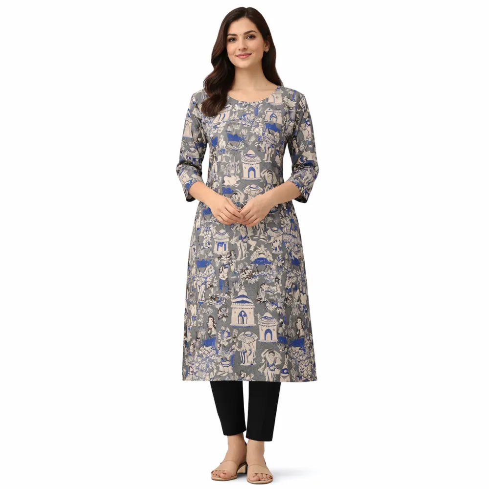 Grey & Blue Kalamkari Printed Cotton Kurti for Women | Single Top