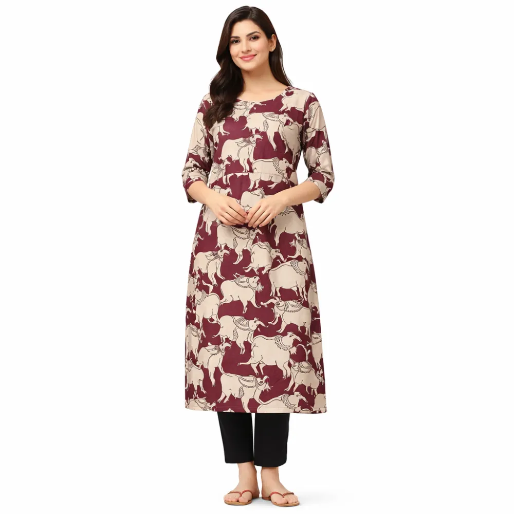Brown & Beige Cow Print Cotton Kurti for Women | Single Top