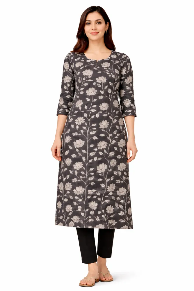 Charcoal Grey Floral Printed Cotton Kurti for Women | Single Top