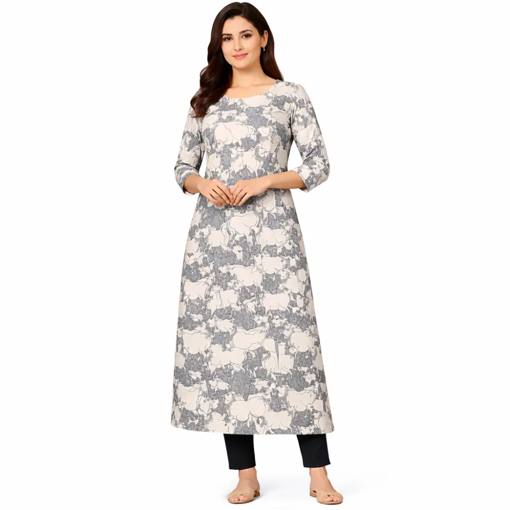 Grey White Animal Print Cotton Kurti for Women | Premium Printed Straight Kurta