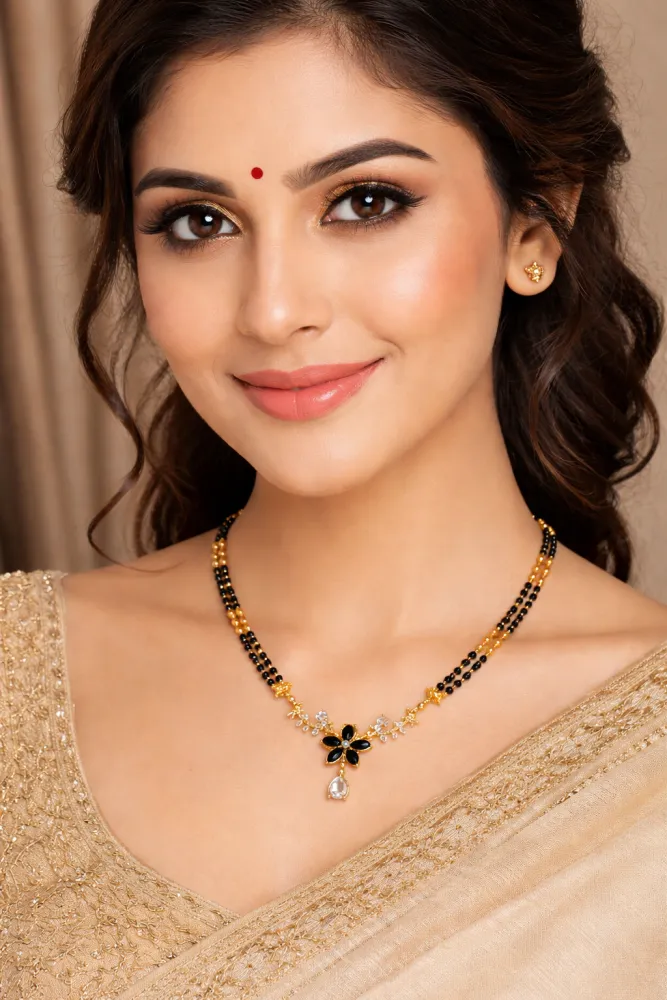 Double Line Gold Plated Black Beads Mangalsutra with Black Floral CZ Pendant