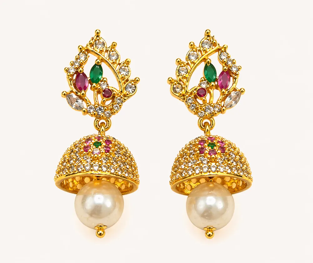 Gold Plated CZ Pearl Jhumka Earrings with Floral Design