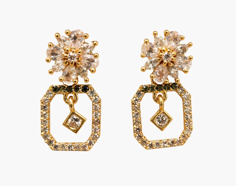 Gold Plated Crystal Floral Geometric Drop Earrings Women