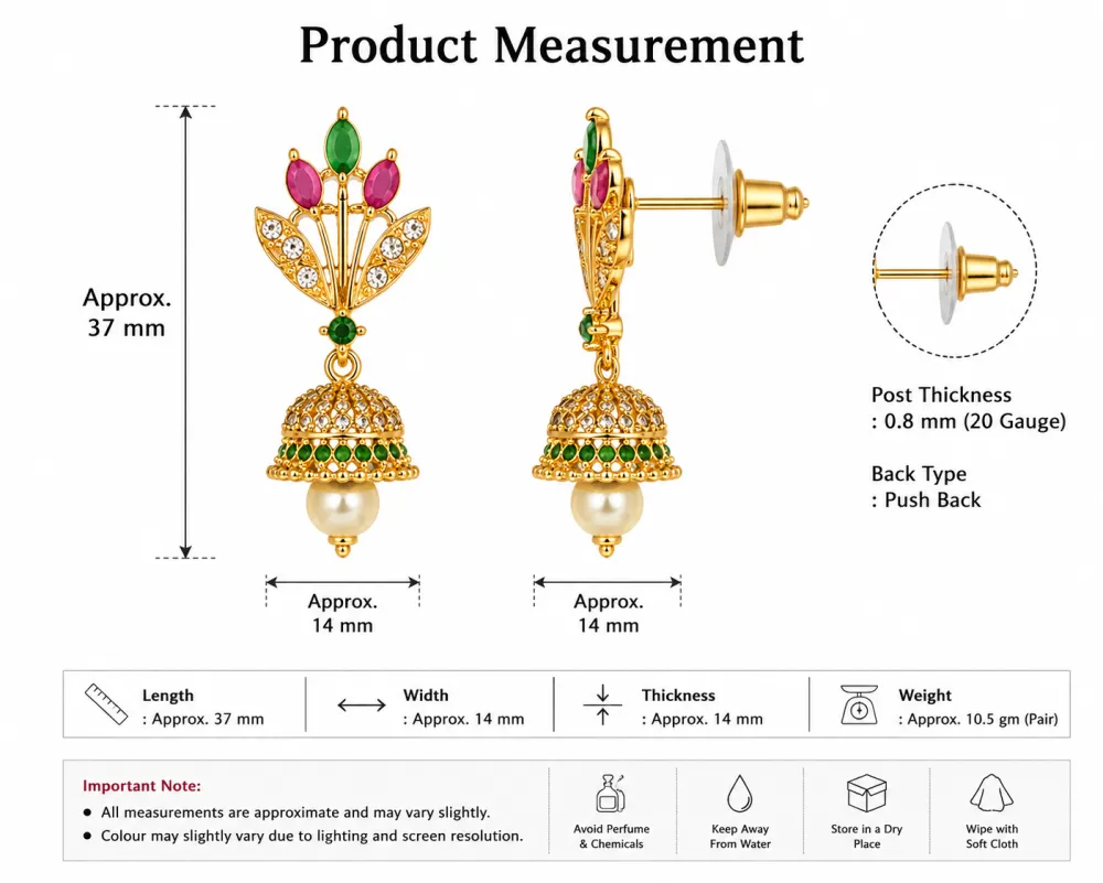 Gold Plated Traditional Jhumka Earrings with Green, Pink & White AD Stones and Pearl Drop