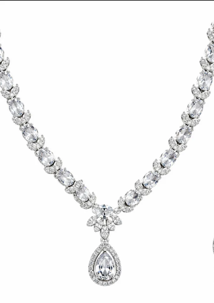 Silver Plated AD Stone Necklace Set with Teardrop Pendant & Matching Earrings