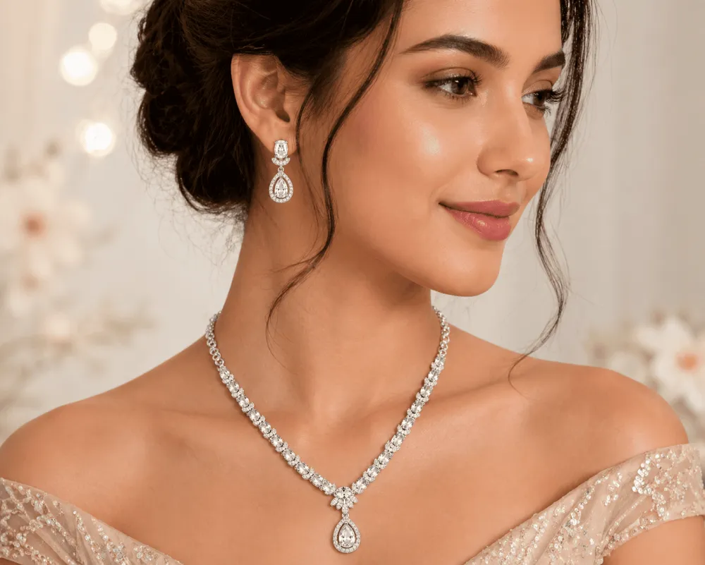 Silver Plated AD Stone Necklace Set with Teardrop Pendant & Matching Earrings