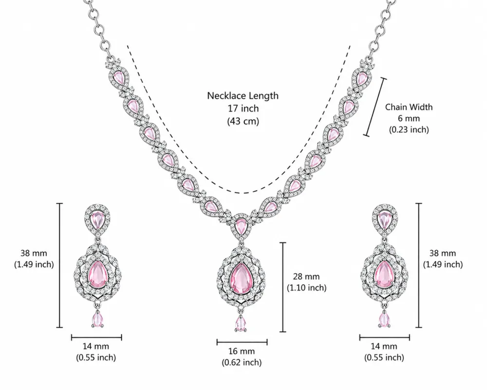 Silver Plated Pink Teardrop AD Stone Necklace Set with Matching Earrings
