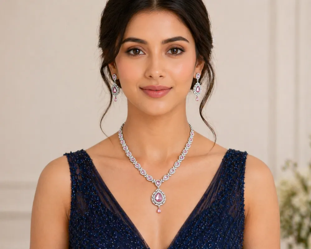 Silver Plated Pink Teardrop AD Stone Necklace Set with Matching Earrings