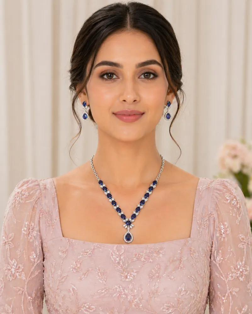 Silver Plated Purple AD Stone Necklace Set with Teardrop Pendant & Matching Earrings