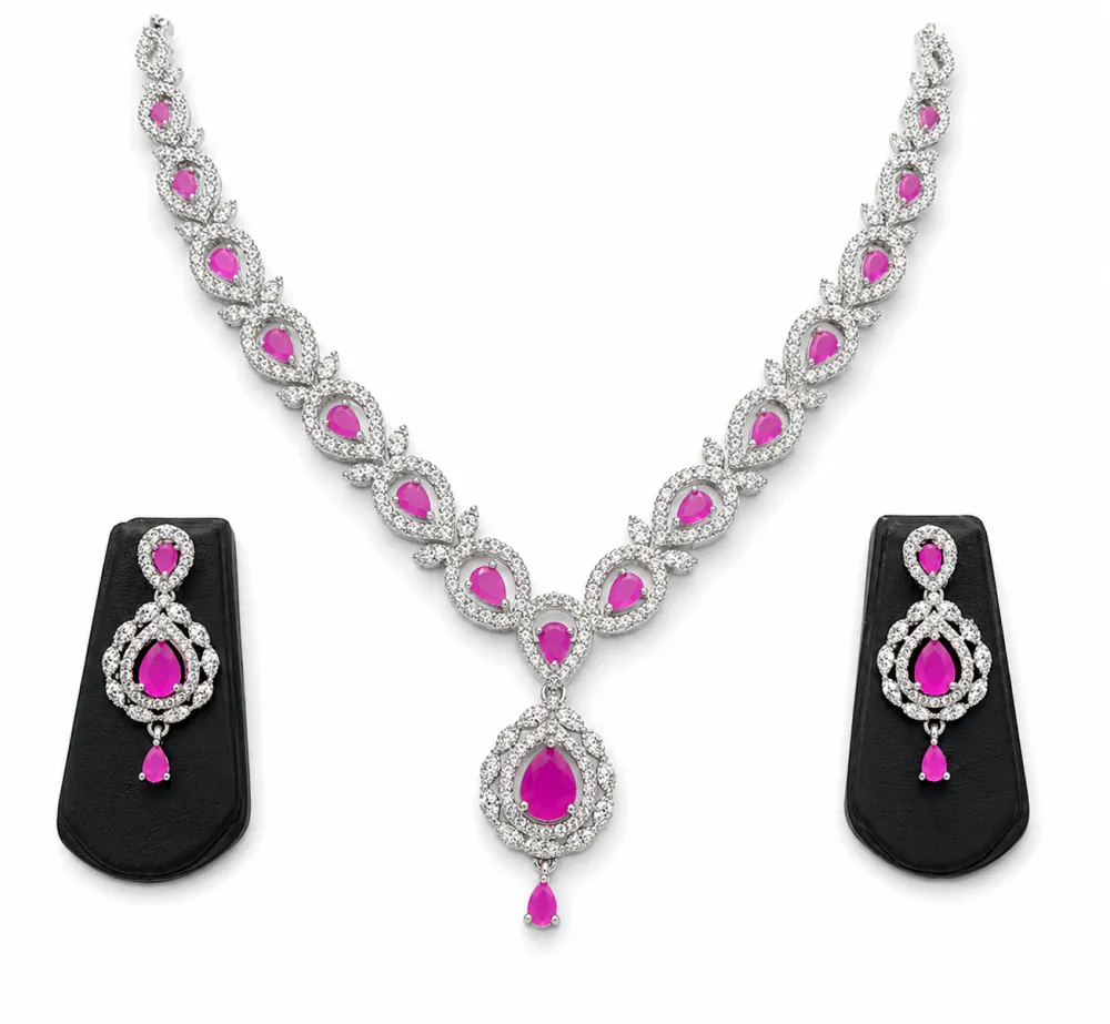Silver Plated Ruby Pink AD Stone Necklace Set with Teardrop Pendant & Matching Earrings