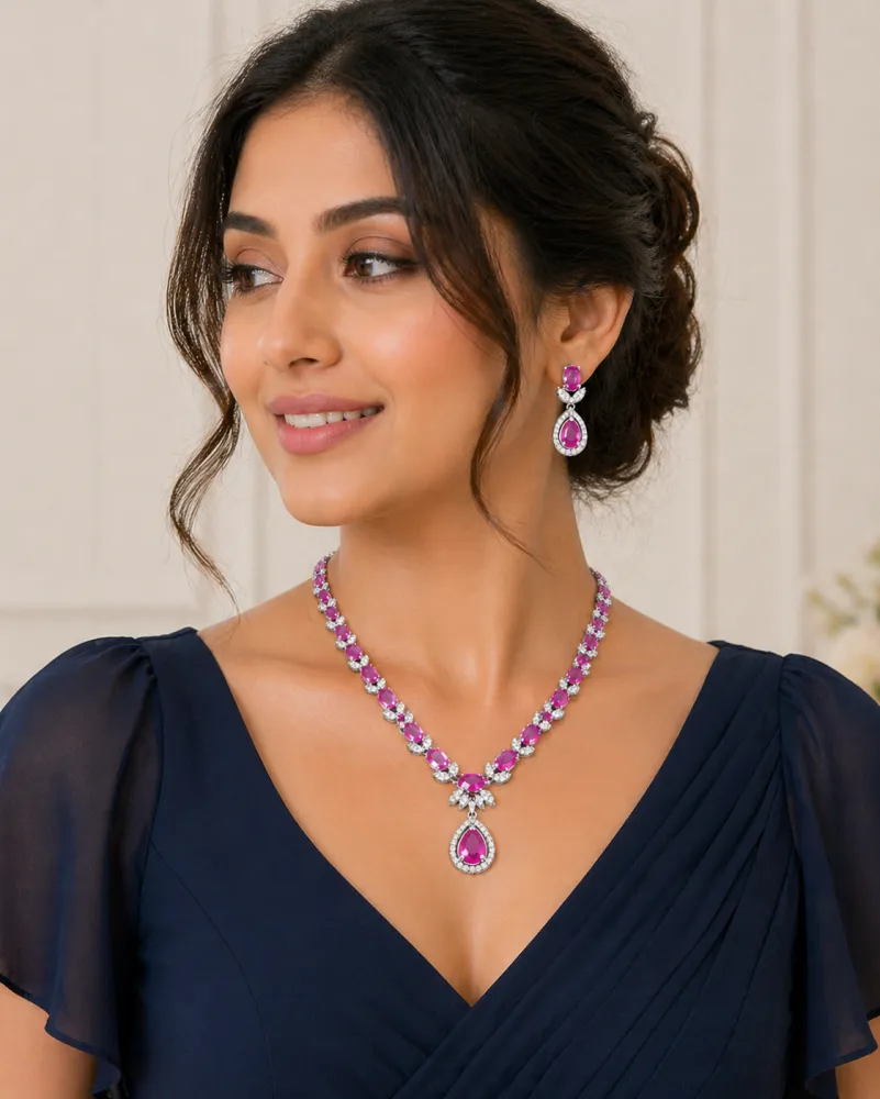 Silver Plated Hot Pink AD Stone Necklace Set with Teardrop Pendant & Matching Earrings