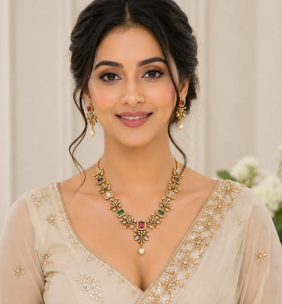 Gold Plated Multicolor AD Stone Necklace Set with Pearl Drop & Matching Earrings