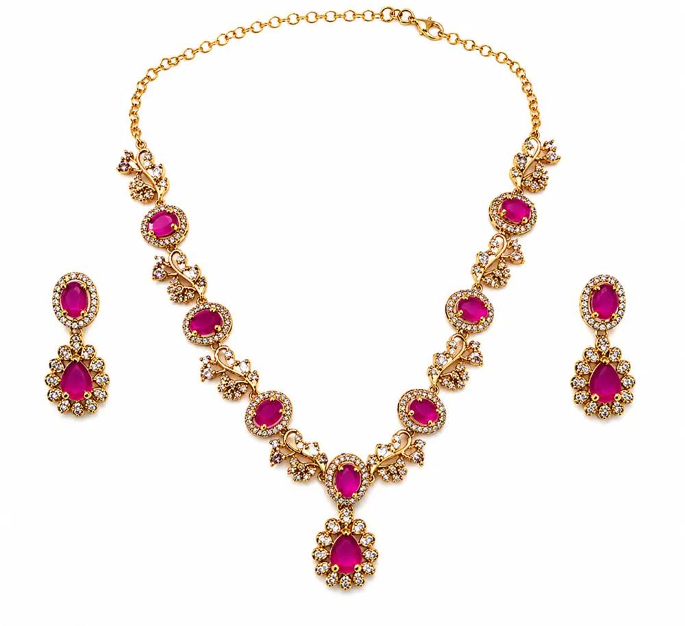 Gold Plated Ruby Pink AD Stone Necklace Set with Matching Drop Earrings