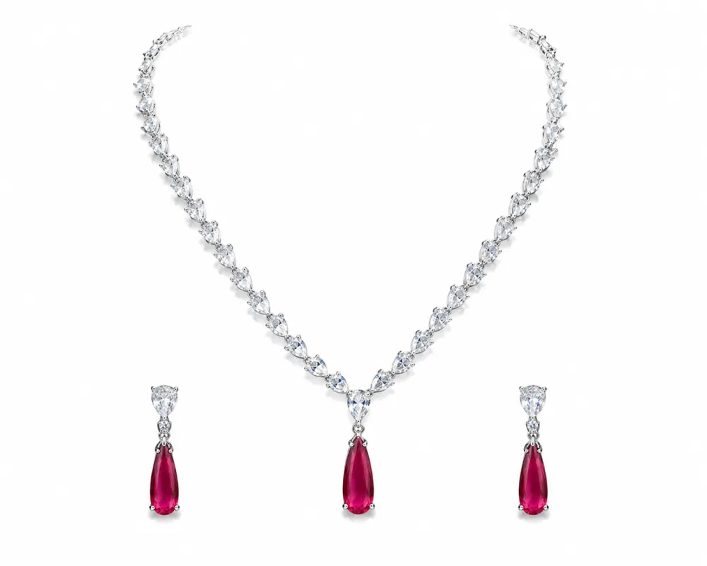 Silver Finish Ruby Red Drop Pendant Necklace Set with Crystal Earrings